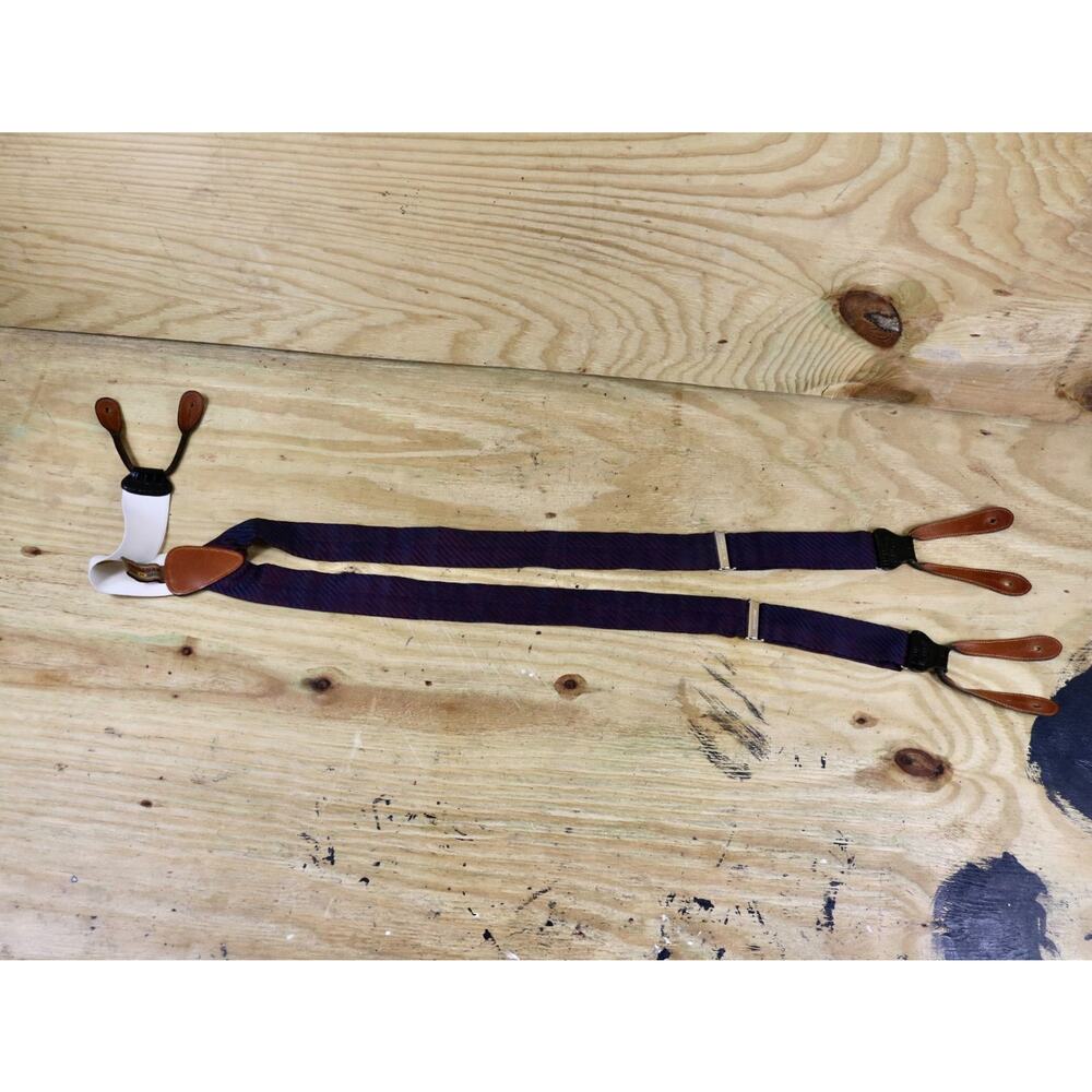 Trafalgar Silk Blue Red Striped Suspenders 1.375" Wide Black Leather Attachments